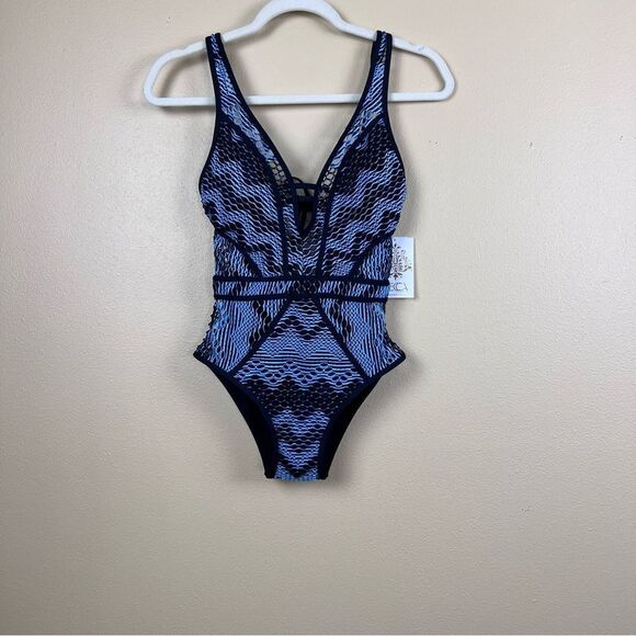 Becca Swimsuit One Piece Crochet Plunge Neck Blue and black Size XS New - Picture 4 of 7